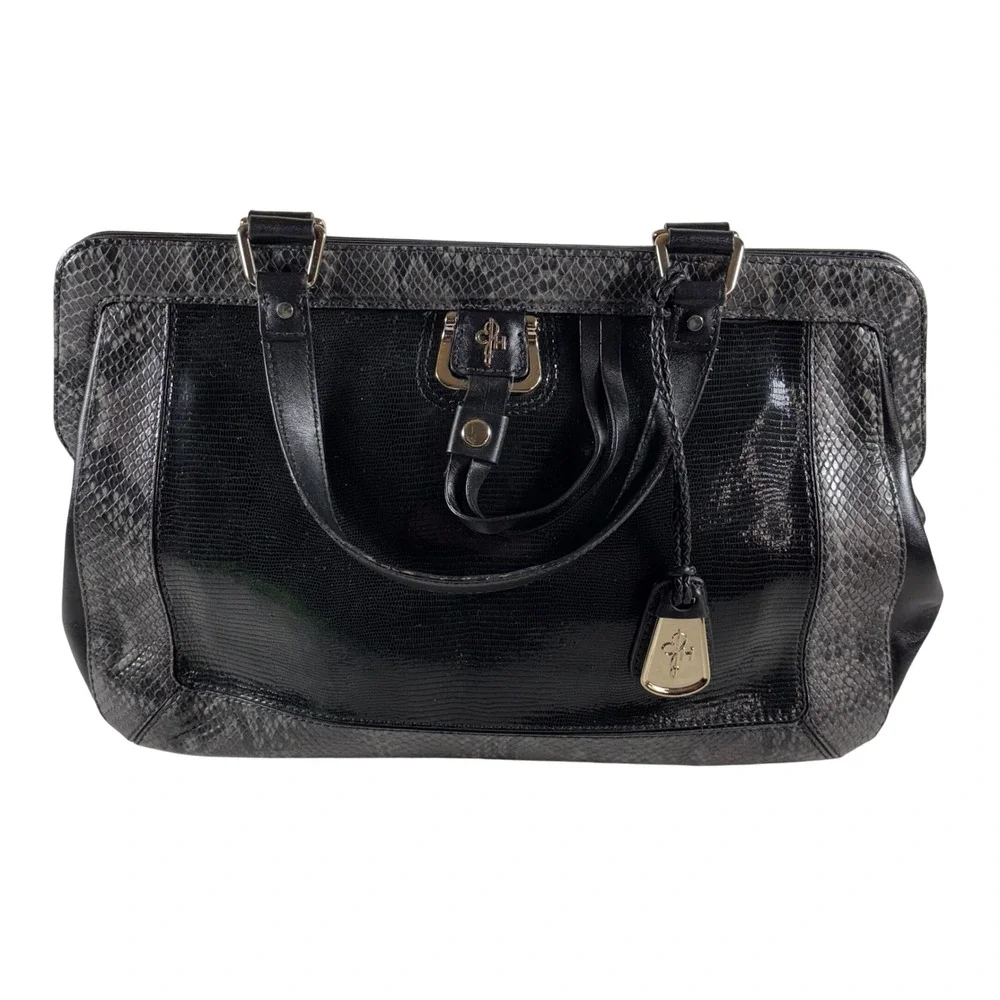 Cole Haan Satchel Black Reptile Embossed Leather Shoulder Bag Gold Hardware